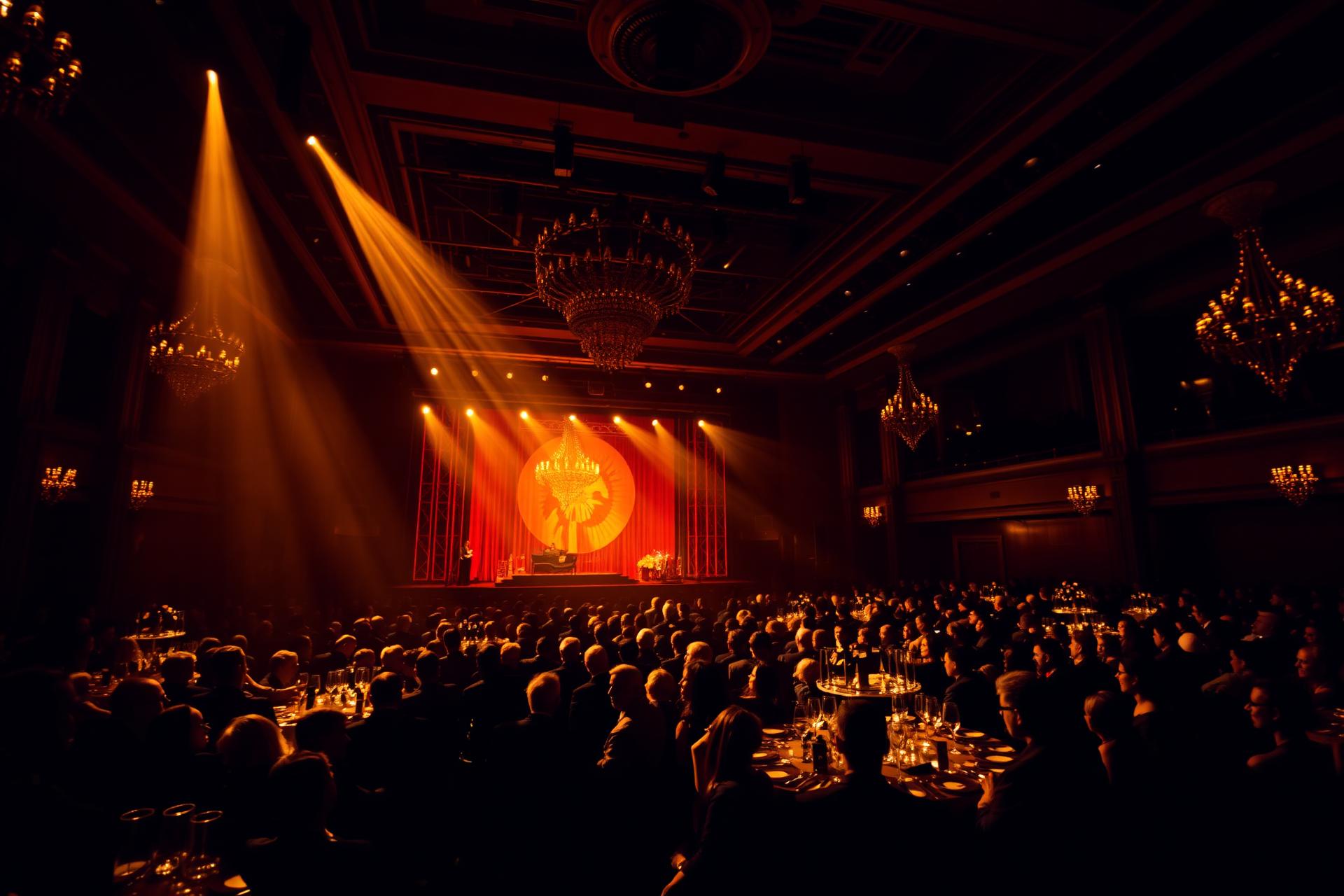 A grand event hall illuminated by warm stage lights with an audience seated